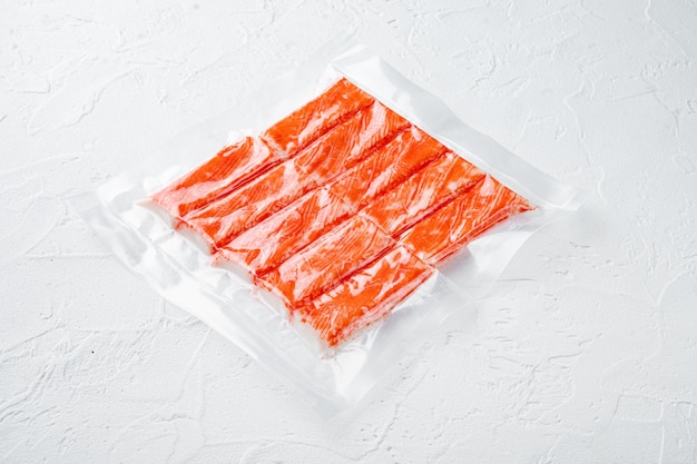 Crab stick surimi vacuum pack set, on white background