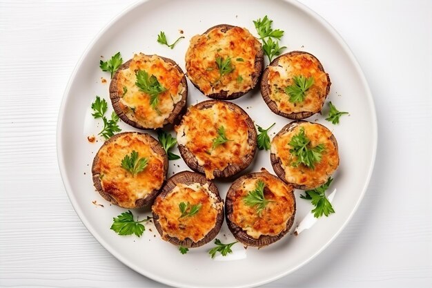 Crab Stuffed Mushroom for Lunch on the White Table with Dining Indoor Setup Background