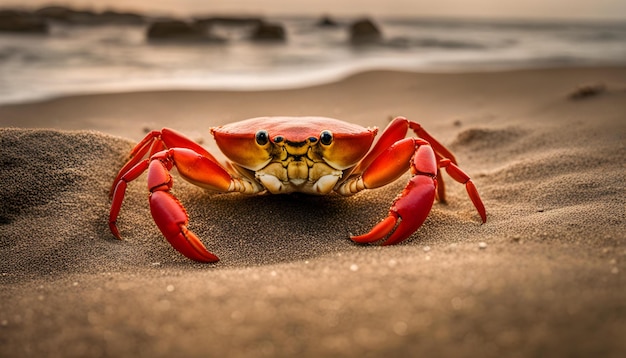 a crab with a crab on its head sits in the sand