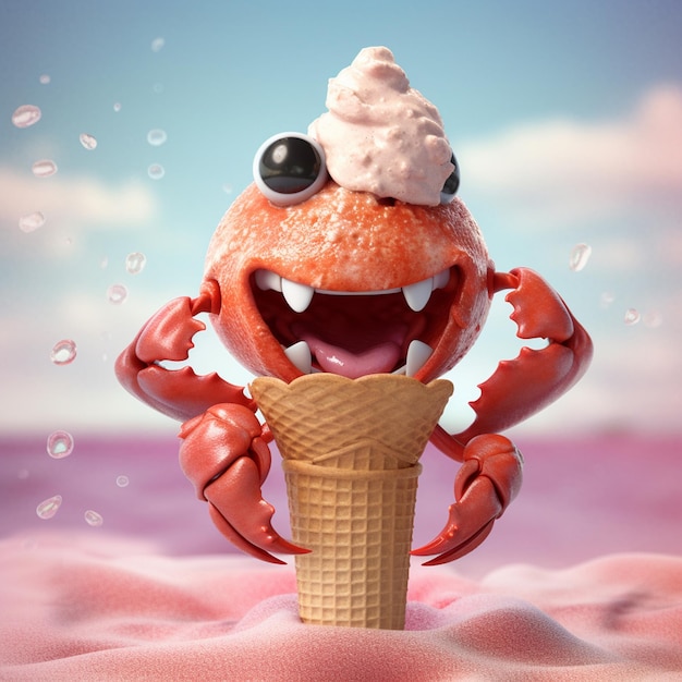 A crab with an ice cream cone on its head and his mouth open