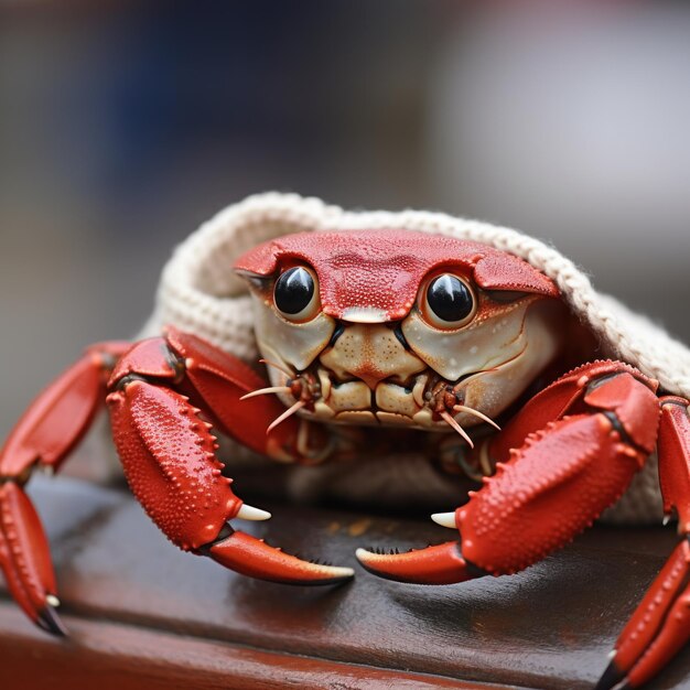 A crab with large eyes sitting on top of a table ai