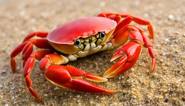 a crab with a red shell on the sand