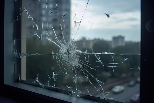 Crack in glass on window frame with view of the outside world visible