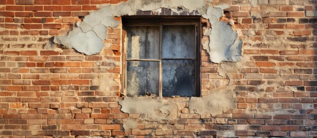 Crack in een verouderde bakstenen structuur en een klassiek raam