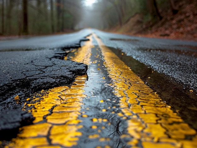 Foto strada di asfalto fessurata con pozzanghere