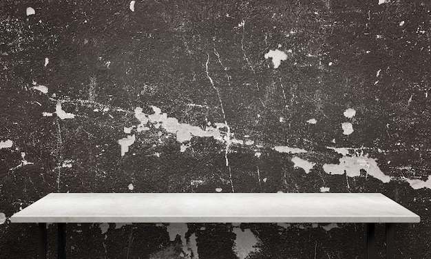 Cracked black wall texture in background White wooden table with legs and free space