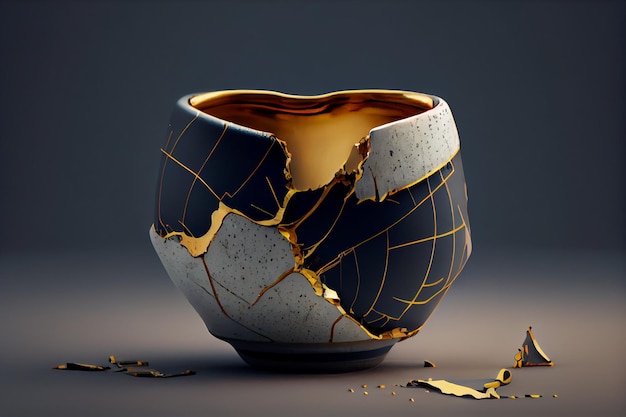 A cracked bowl with gold paint and a black and white bowl.