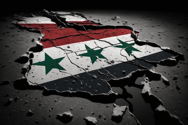 地震後の表面のアスファルトにひびが入って壊れたシリアの旗