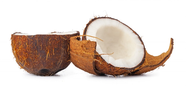 Cracked coconut ready to eat, on white 