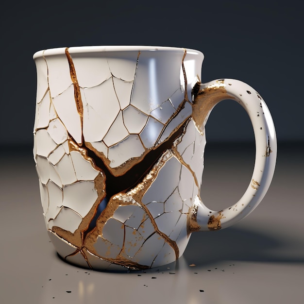 Photo cracked coffee mug detailed hyperrealism design for environmental awareness