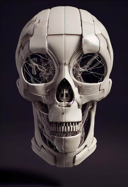 Cracked cyborg mechanical skull partially translucent patched skin digital illustration