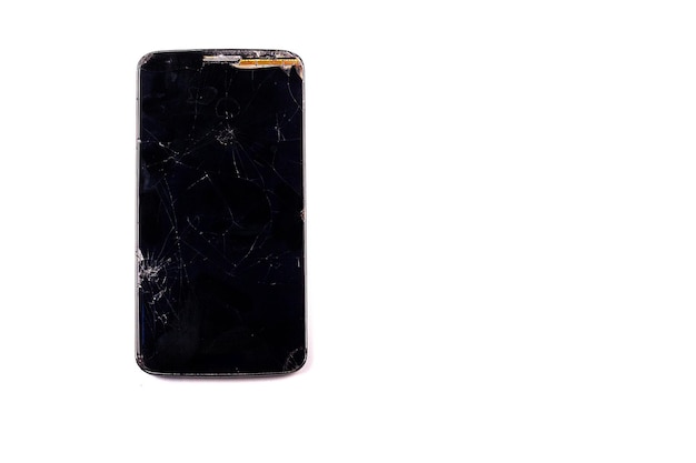 Cracked damaged broken smartphone LCD screen isolated on white background