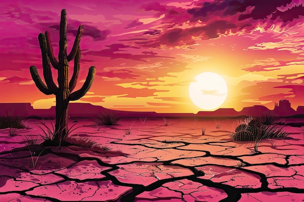 A cracked desert landscape with a cactus silhouette against a magenta sunset