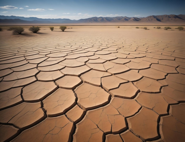 Cracked desert with mountains in the background