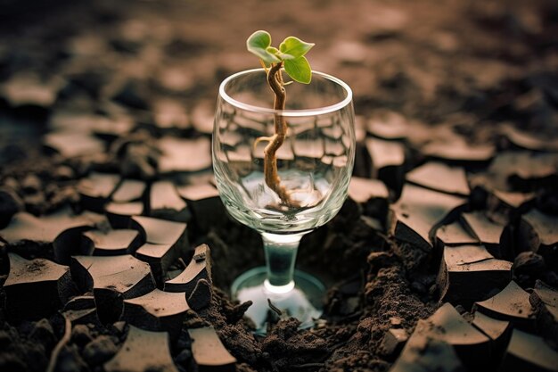 Cracked desolate land hosts a glass with lively green shoots illustrating the birth of a promising new life