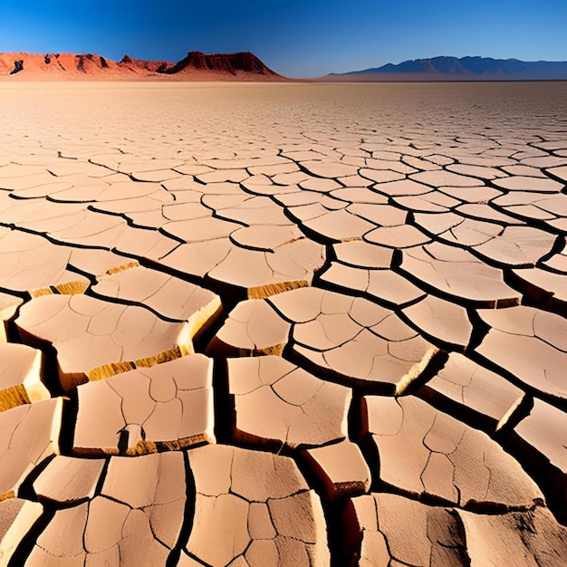 Cracked earth in the desert with mountains in the background