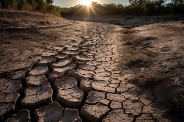 干ばつ時のひび割れた大地と乾いた河床 生成 AI