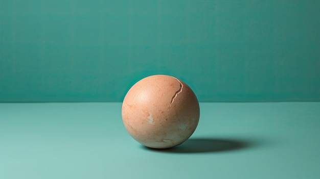 A cracked egg sits on a blue table.