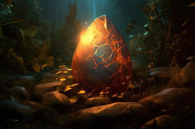 A cracked egg sits on rocks in a forest.