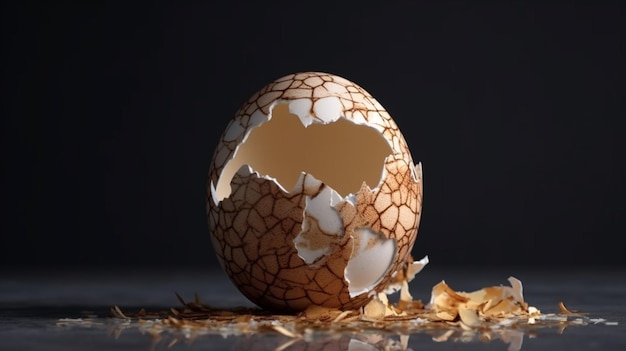 A cracked egg with the shell broken and the shell is on a black backgroundgenerative ai