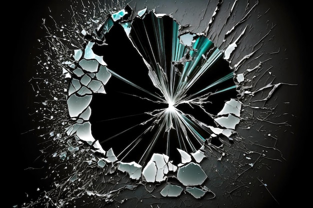 Cracked glass in form of large jagged crack on glossy black background
