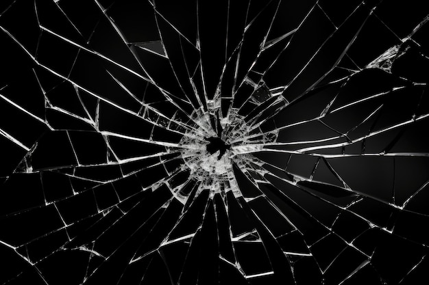 Photo cracked glass texture with bullet hole on black background