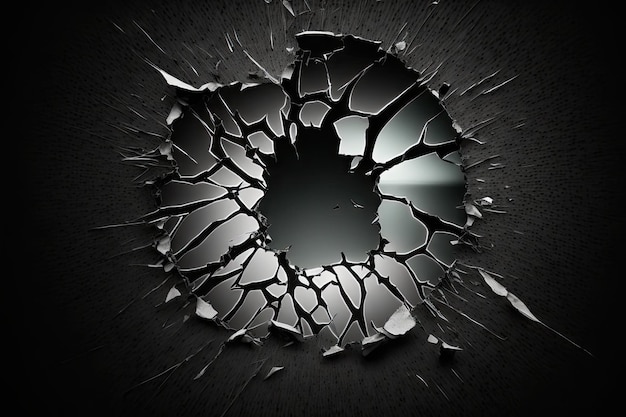 Cracked glass with a hole in it isolated on a dark background