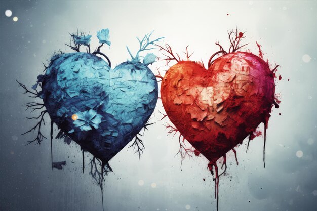 Cracked hearts with branches in grunge surreal mood Valentines day greeting card