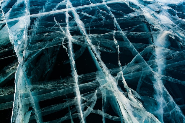 Cracked ice close up Patterns of winter Baikal