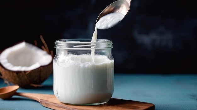 Photo cracked open coconut with coconut powder in a glass jar on blue background ai generated