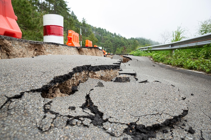 Photo cracked road after the earthquake nonstandard construction