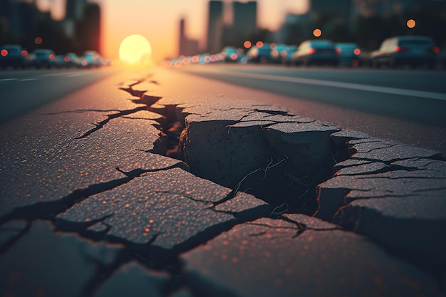 A cracked road with a sunset in the background