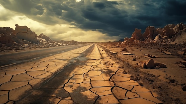 cracked stormy highway in a deserted desert with grain texture and scratches