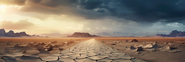 Cracked stormy highway in a deserted desert with grain texture and scratches