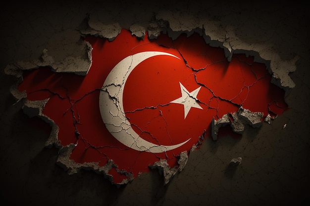 Cracked and stylize Turkey flag to symbolize the recent earthquake disaster and calamity that struck this country Generative Ai