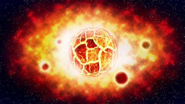 Взломанный взрыв солнца и планета в космосе. иллюстрации.