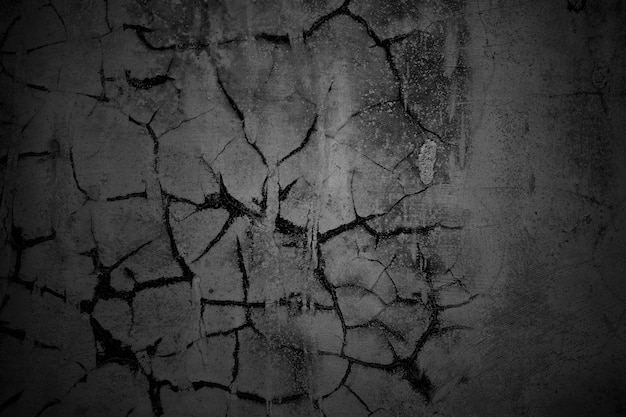 ひびの入った壁の暗い灰色のコンクリートのコンクリートの床は、レトロなコンセプトで熟成されています 背景として汚れた黒いコンクリートの壁のテクスチャ