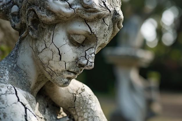 Расщепленная и выветренная каменная статуя, олицетворяющая эрозию доверия