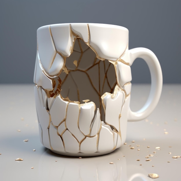 Фото Разбитая белая чашка для кофе с золотыми акцентами уникальная кухонная натюрморт