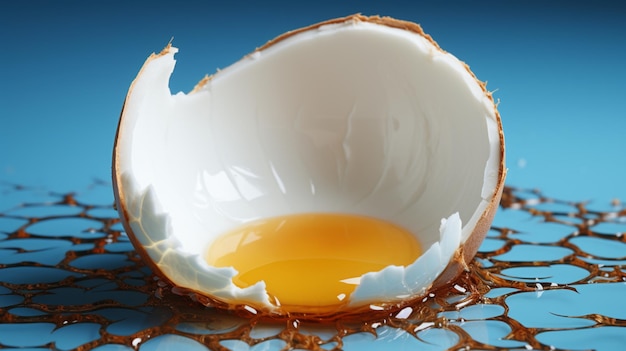 Cracked white egg on a solid blue background