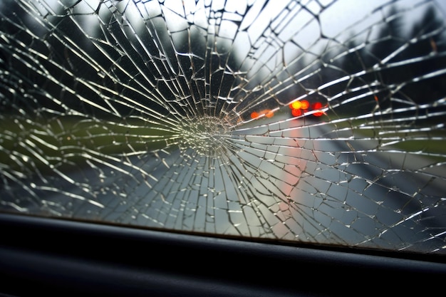 Photo cracked windshield with focus on spiderweblike pattern