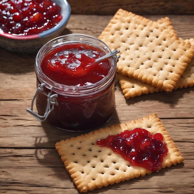 Photo cracker with jam on woodden background