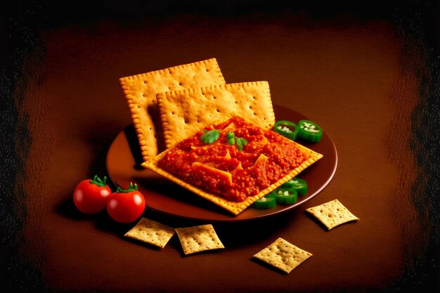 Crackers snack with delicious spicy salsa dip