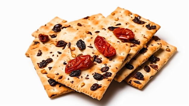 Crackers with dried tomatoes and black olives isolated on white background