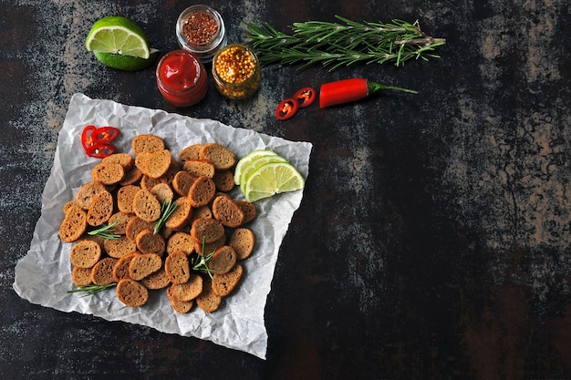 Crackers with spices and sauces.