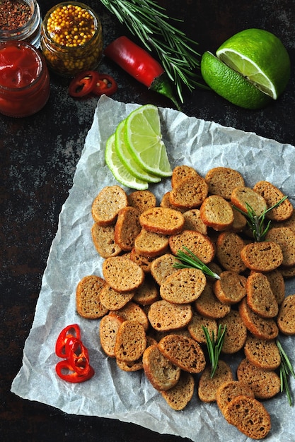 Crackers with spices and sauces.