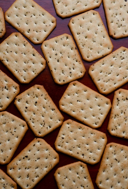 Crackers on wooden table