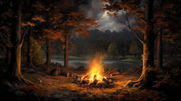 Crackling bonfire under the autumn night sky Relaxing cozy moments fireside tales seasonal tranquility nature's embrace Generated by AI