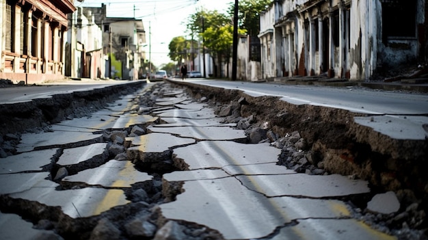 地震の後の街道の裂け目