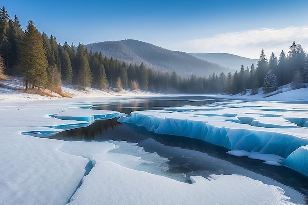 Cracks on the surface of the blue ice Frozen lake in winter mountains It is snowing The hills of pines Carpathian Ukraine Europe